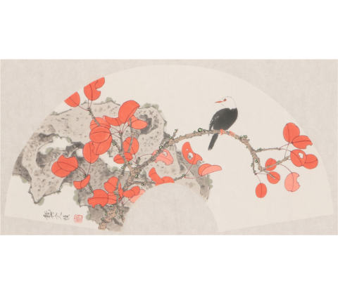 红叶小鸟扇面