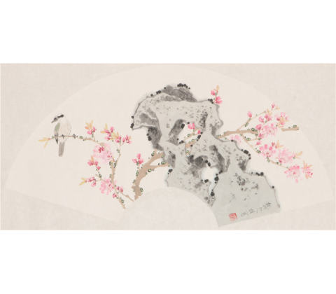 桃花小鸟扇面